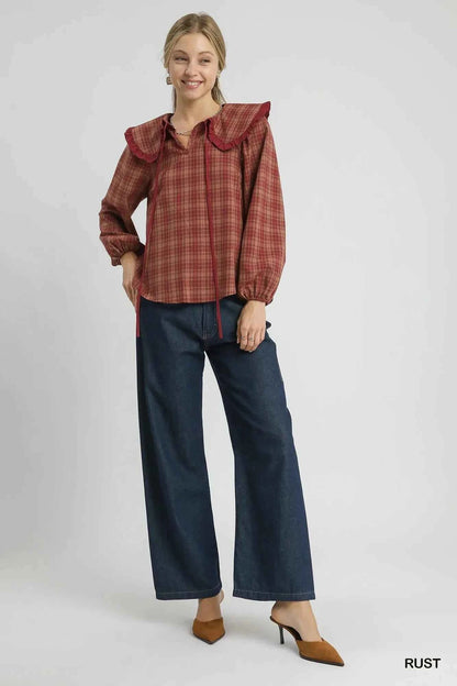 Umgee Full Size Plaid Ruffle Collar Blouse Plus Size