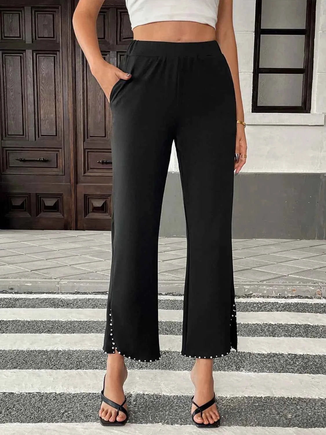 Pearl-Embellished Cropped Wide-Leg Pants