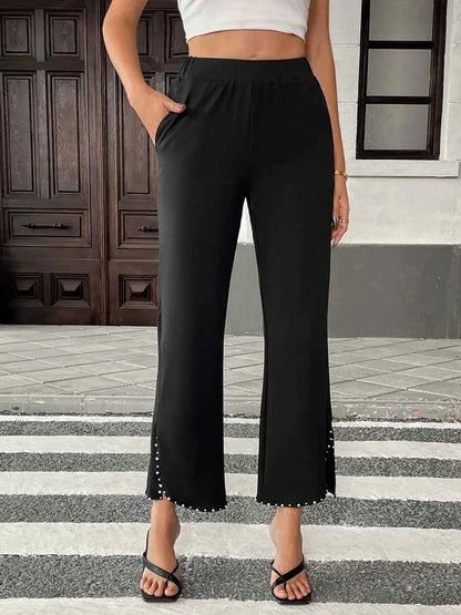 Pearl-Embellished Cropped Wide-Leg Pants
