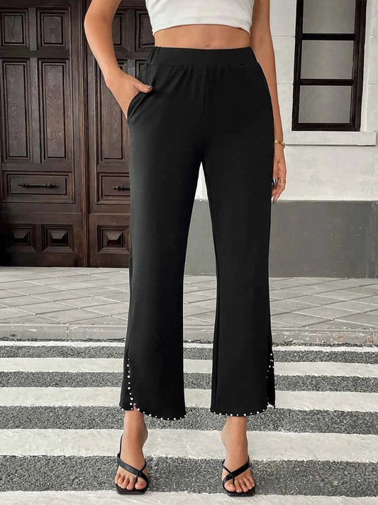 Pearl-Embellished Cropped Wide-Leg Pants