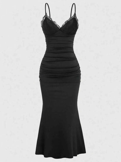 Lace Trim Ruched Mermaid Dress