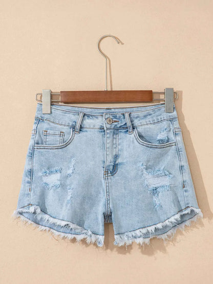 High Rise Distressed Raw Hem Denim Shorts