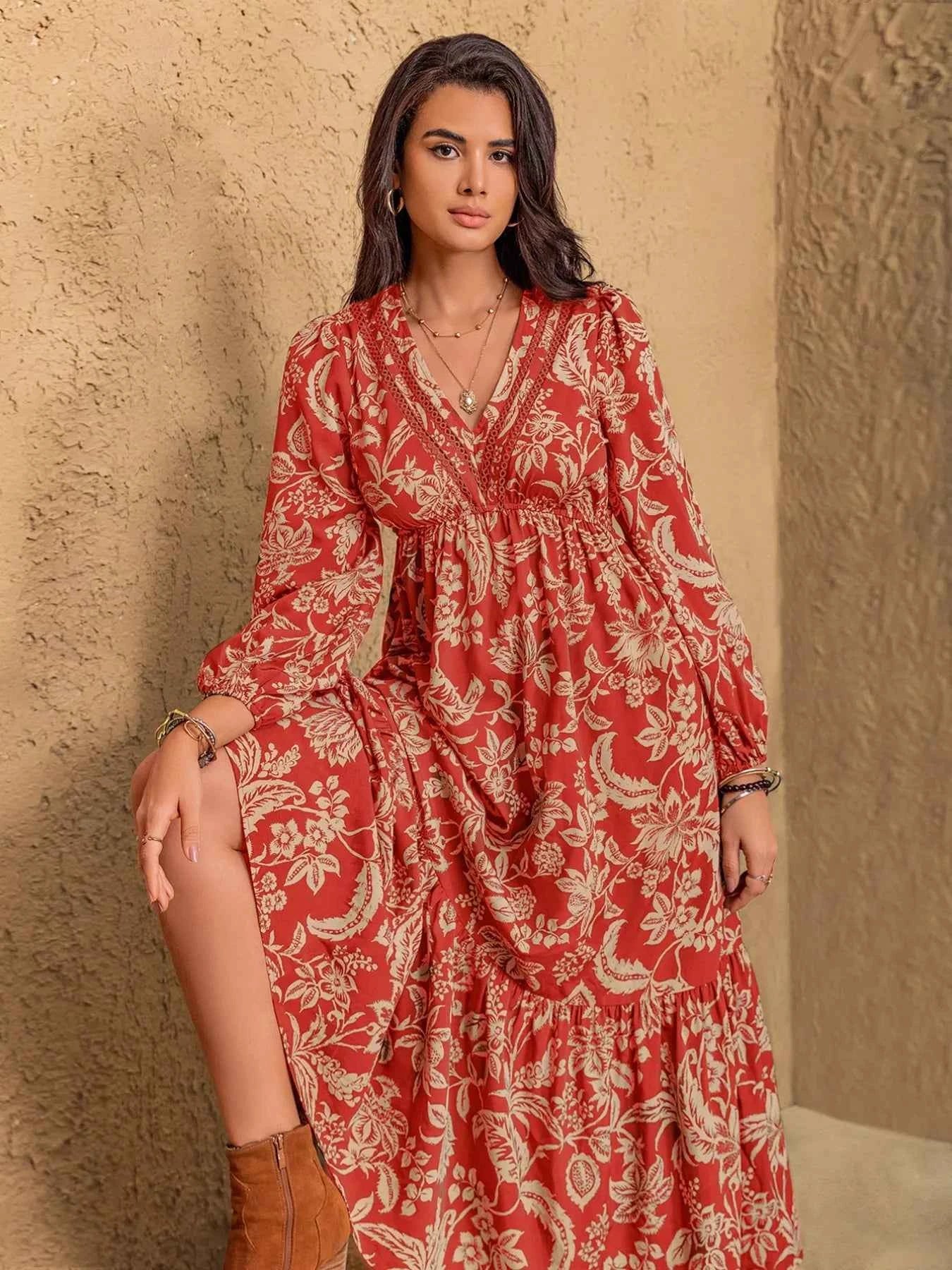 Boho Floral Print Long Sleeve Midi Dress