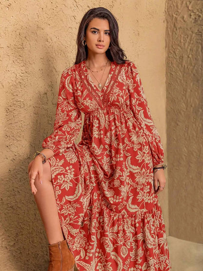 Boho Floral Print Long Sleeve Midi Dress