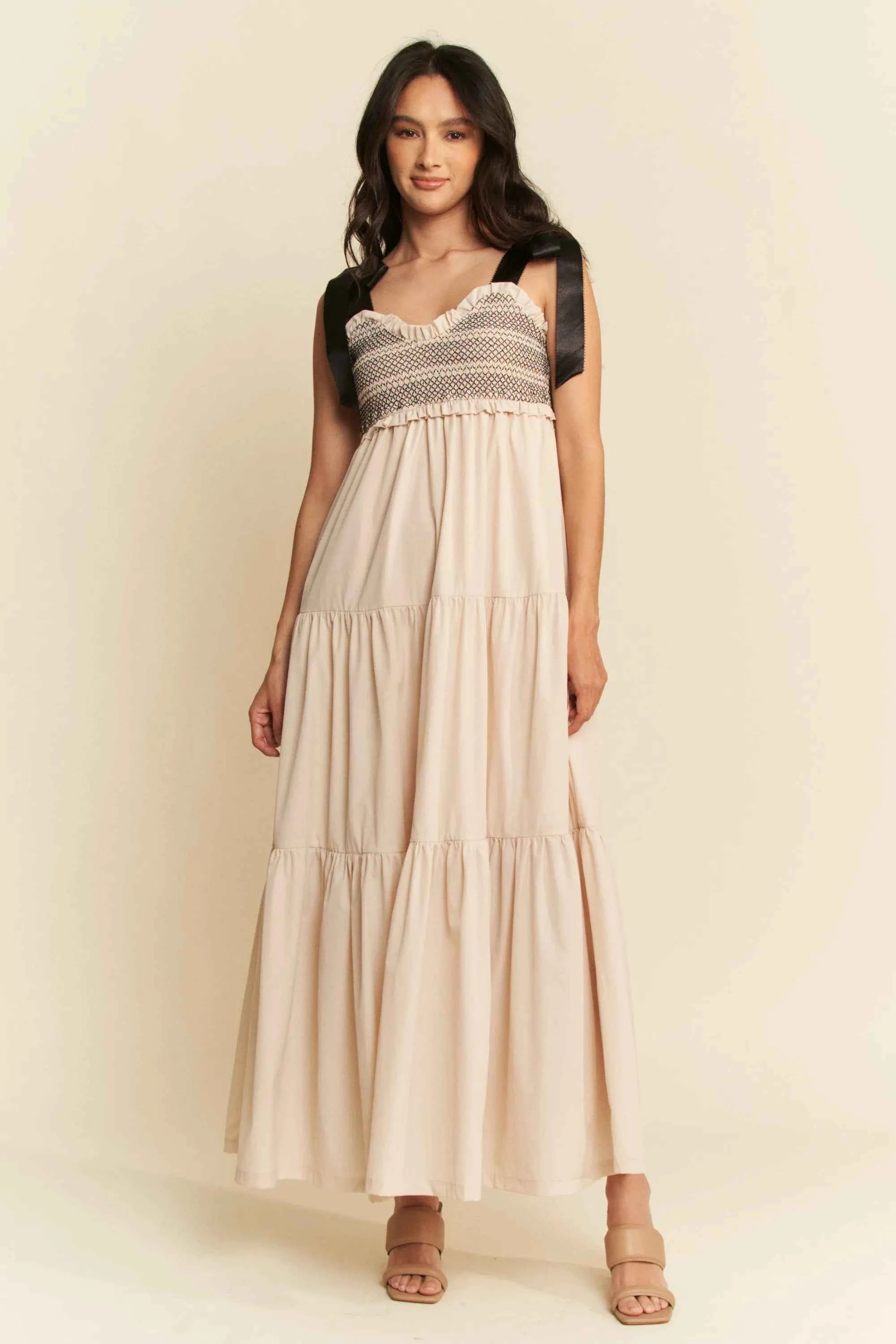 Davi & Dani Multi Contrast Smocked Bodice Straps Maxi Dress