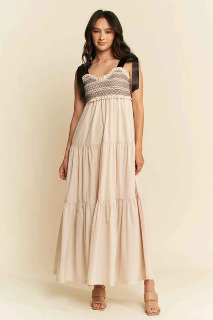 Davi & Dani Multi Contrast Smocked Bodice Straps Maxi Dress