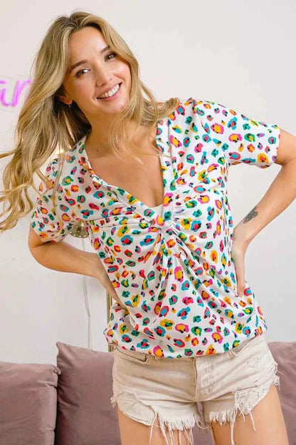 BiBi Multi Color Leopard Jersey Shirred V Neck Top