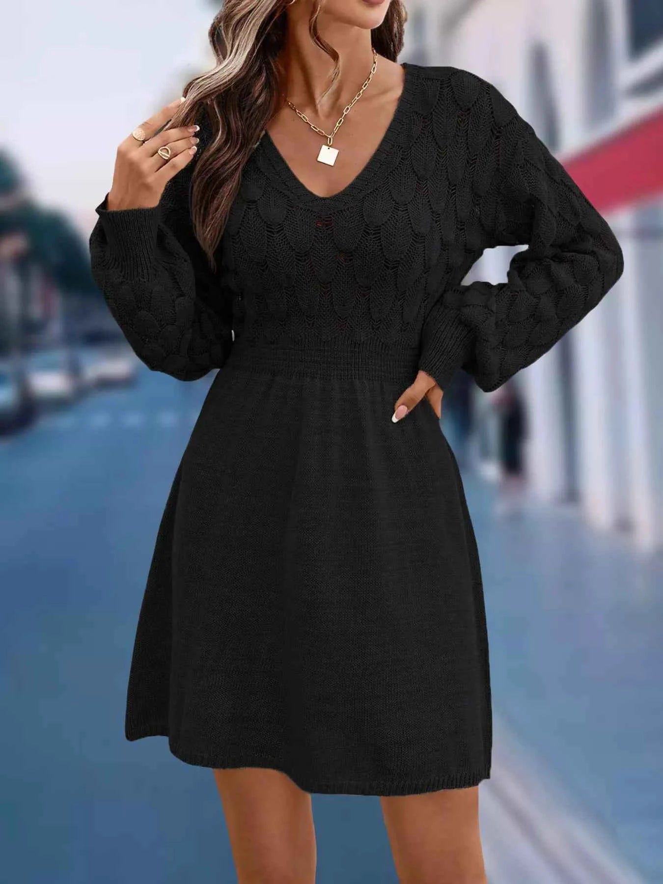 V-Neck Long Sleeve Sweater Dress