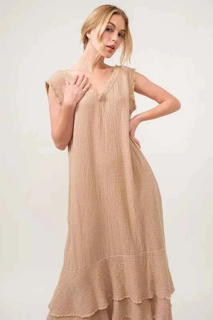 And The Why Washed Cotton Gauze Fringe Detail Tiered Dress