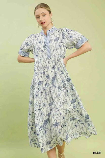 Umgee Floral Tiered Midi Dress with Ruffle Trim