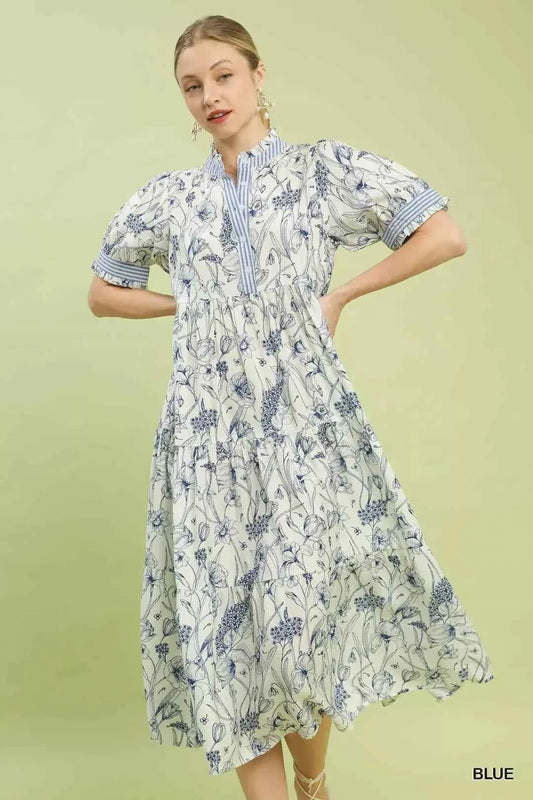 Umgee Floral Tiered Midi Dress with Ruffle Trim