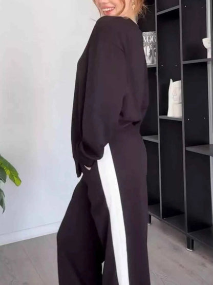 Full Size Contrast Round Neck Top and Pants Set Plus Size