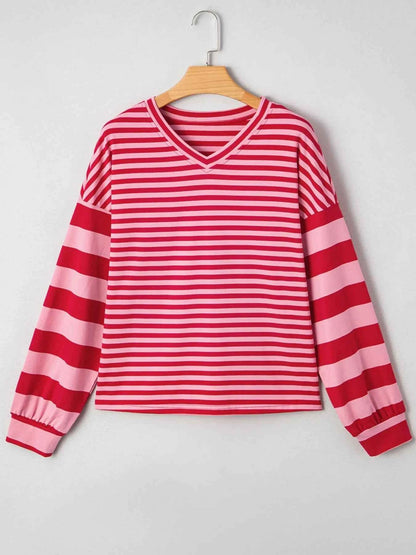 Contrast Striped Drop Shoulder V Neck Top