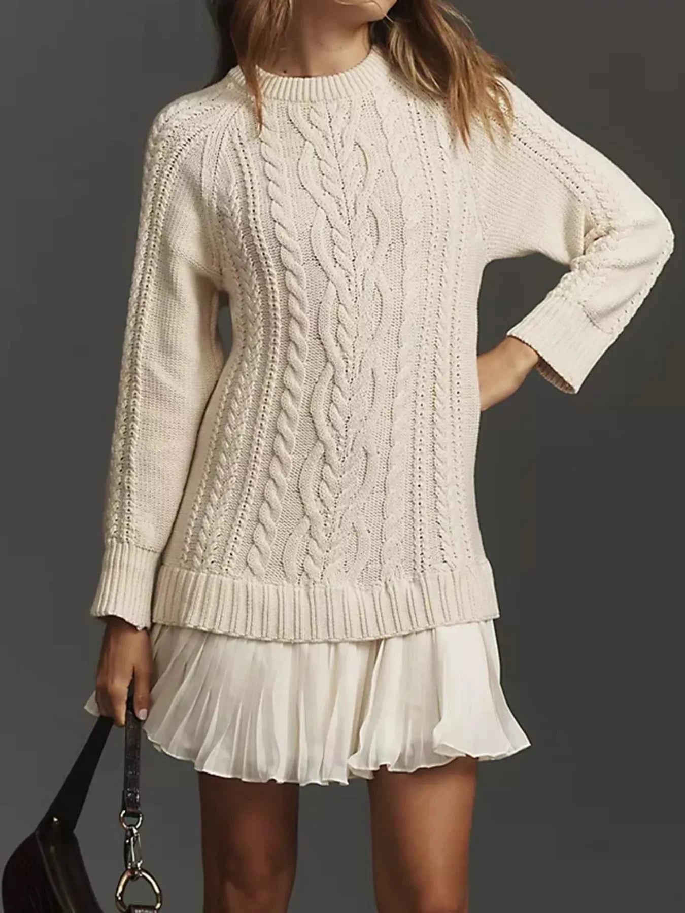 Full Size Cable Knit Pleated Hem Sweater Dress Plus Size