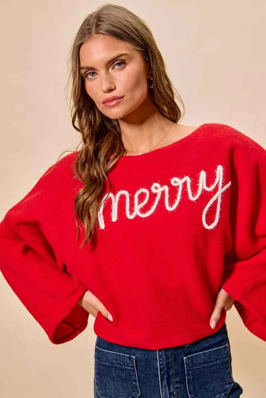 SO ME Merry Tinsel Lettering Christmas Sweater Top