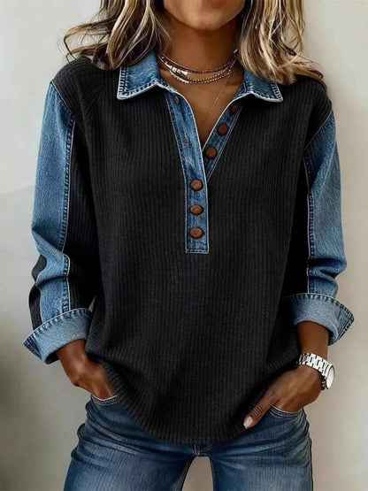 Denim Trim Button Detail Sweatshirt