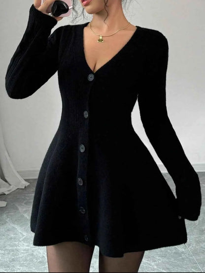 Button-Front V-Neck Knit Dress