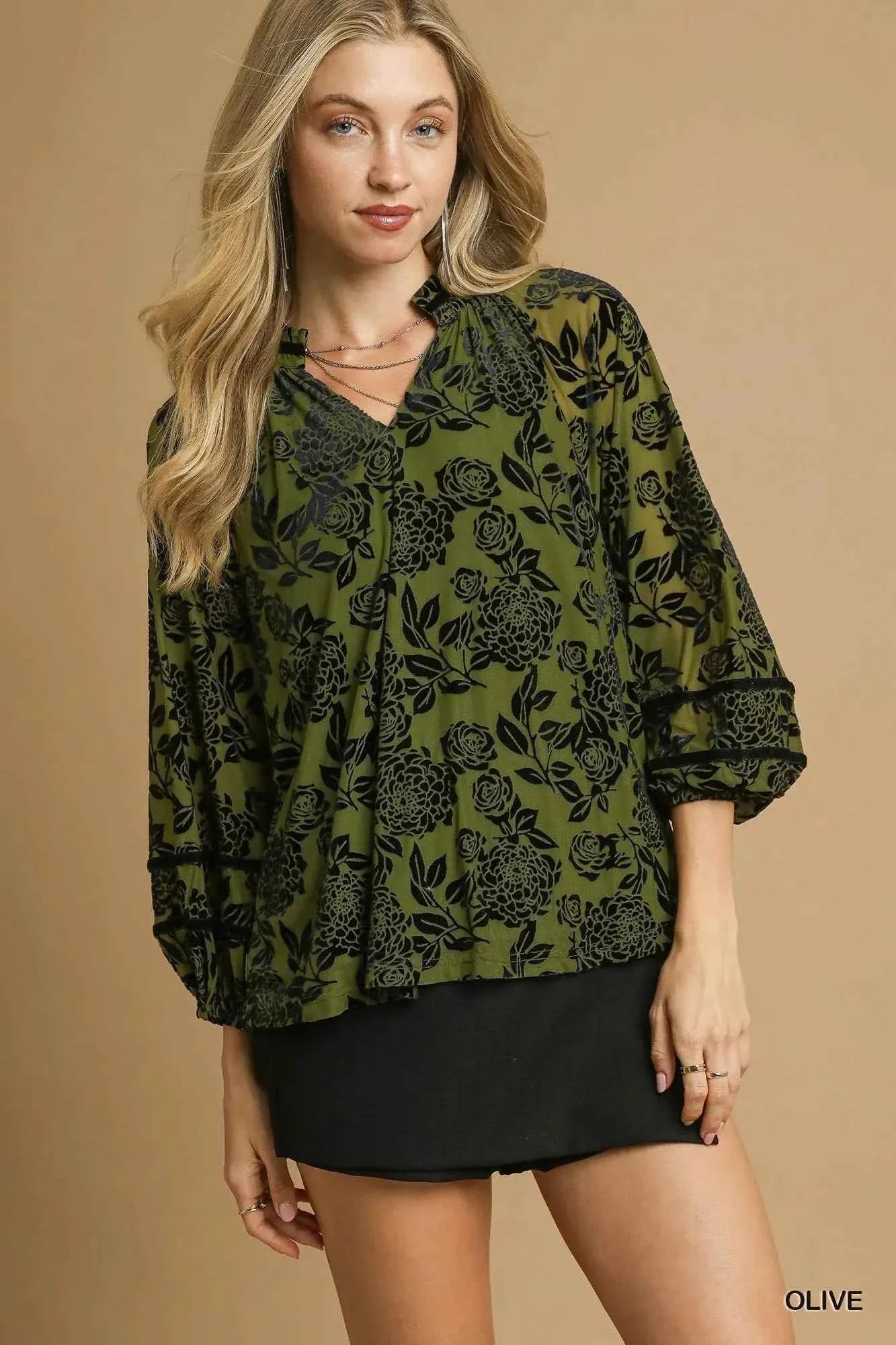 Umgee Full Size Floral Velvet Blouse with Balloon Sleeves Plus Size