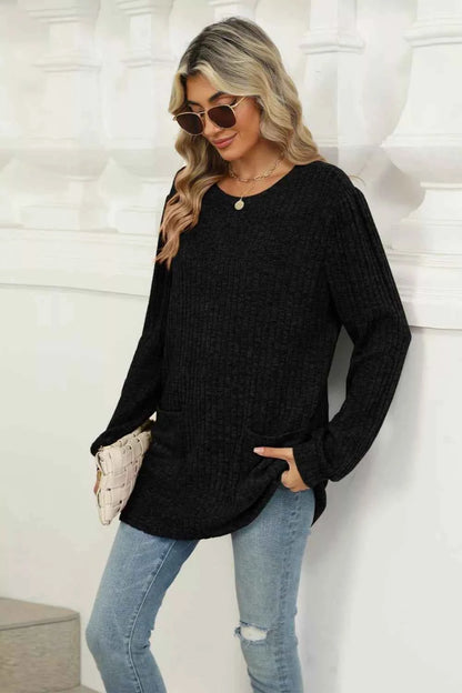 Long Sleeve Ribbed Knit Top with Front Pockets