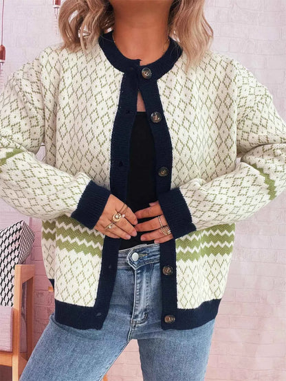 Geometric Pattern Button Up Cardigan