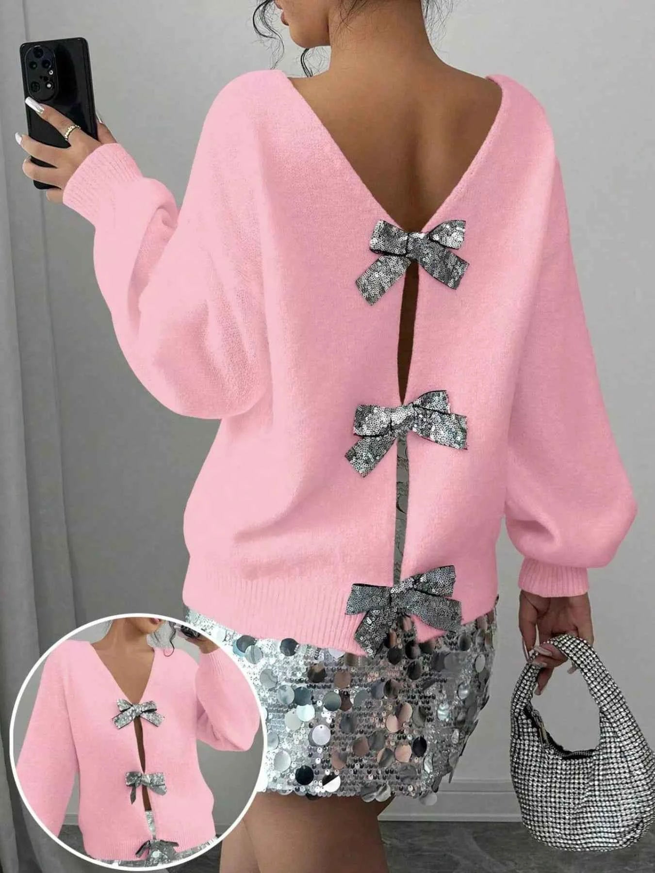 Bow-Decor Dropped Shoulder Knit Cardigan