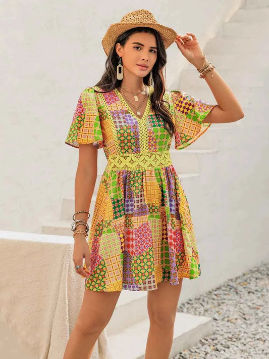 Crochet Trim Printed V-Neck Short Sleeve Mini Dress