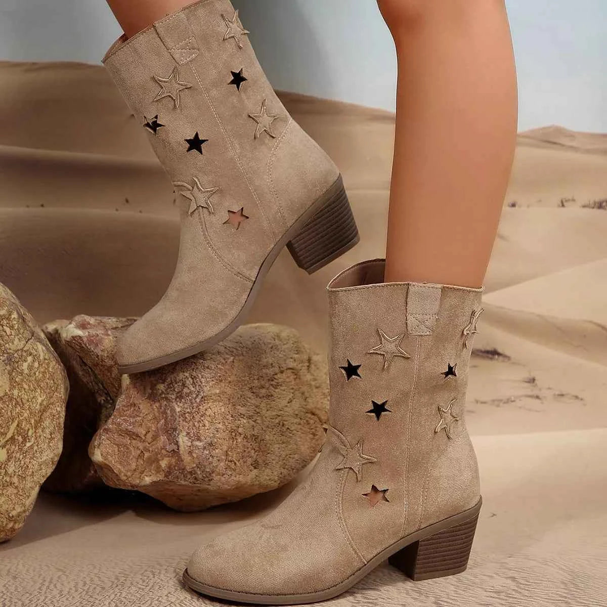 Star Cutout Block Heels Boots