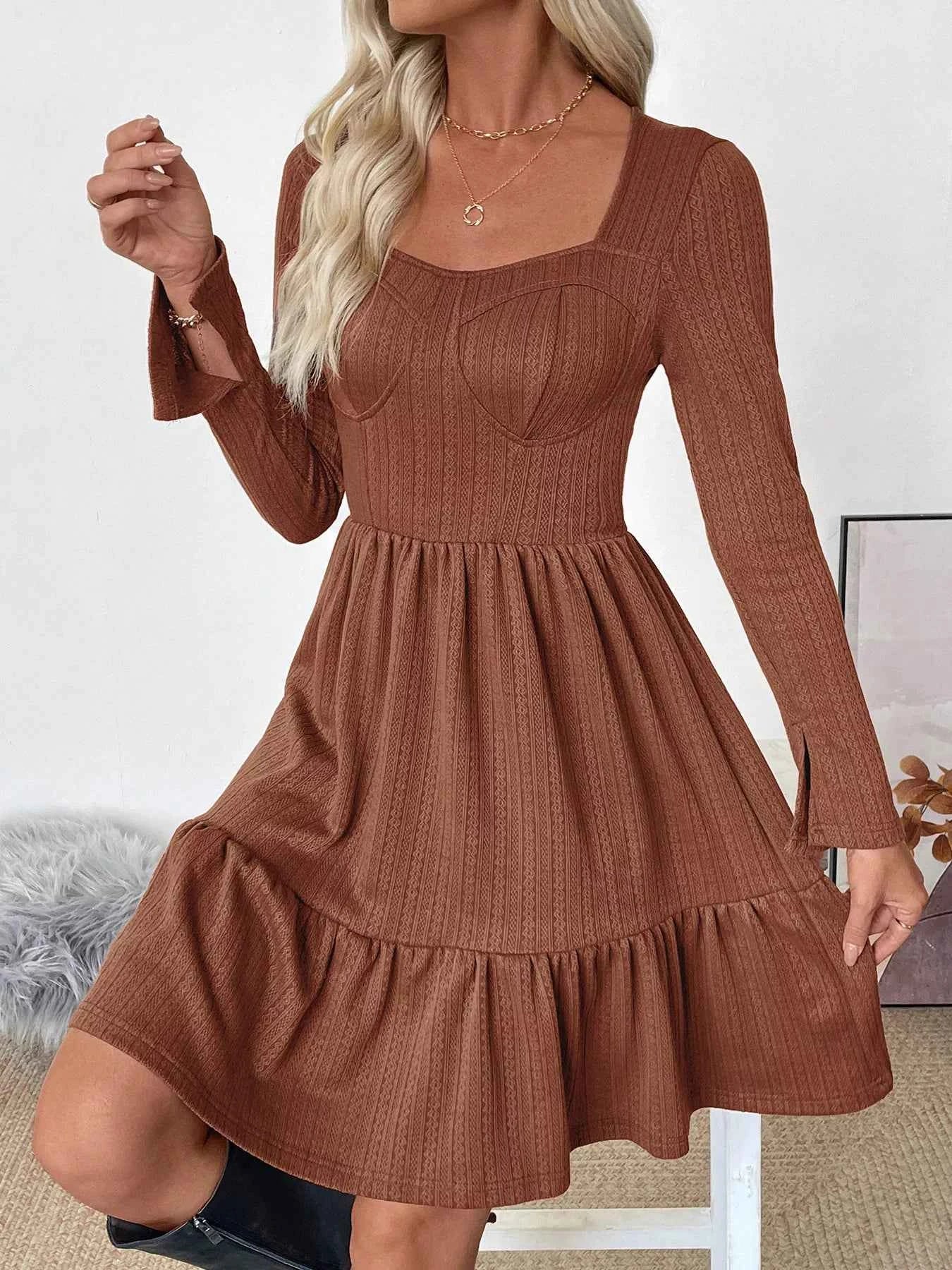 Ruffled Hem Long Sleeve Knit Dress