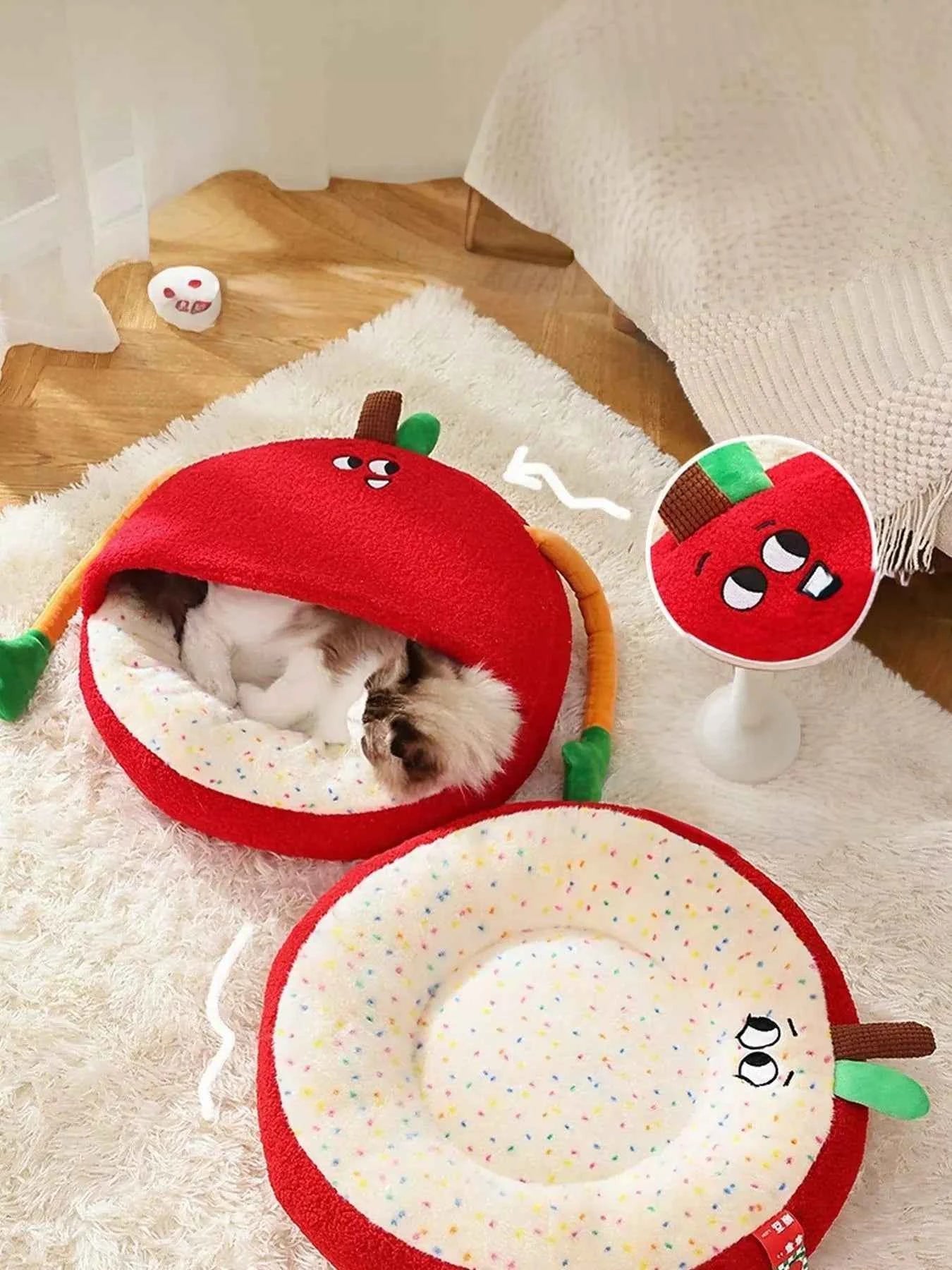 Cartoon Apple Shape Pet Nest with Plush Arms