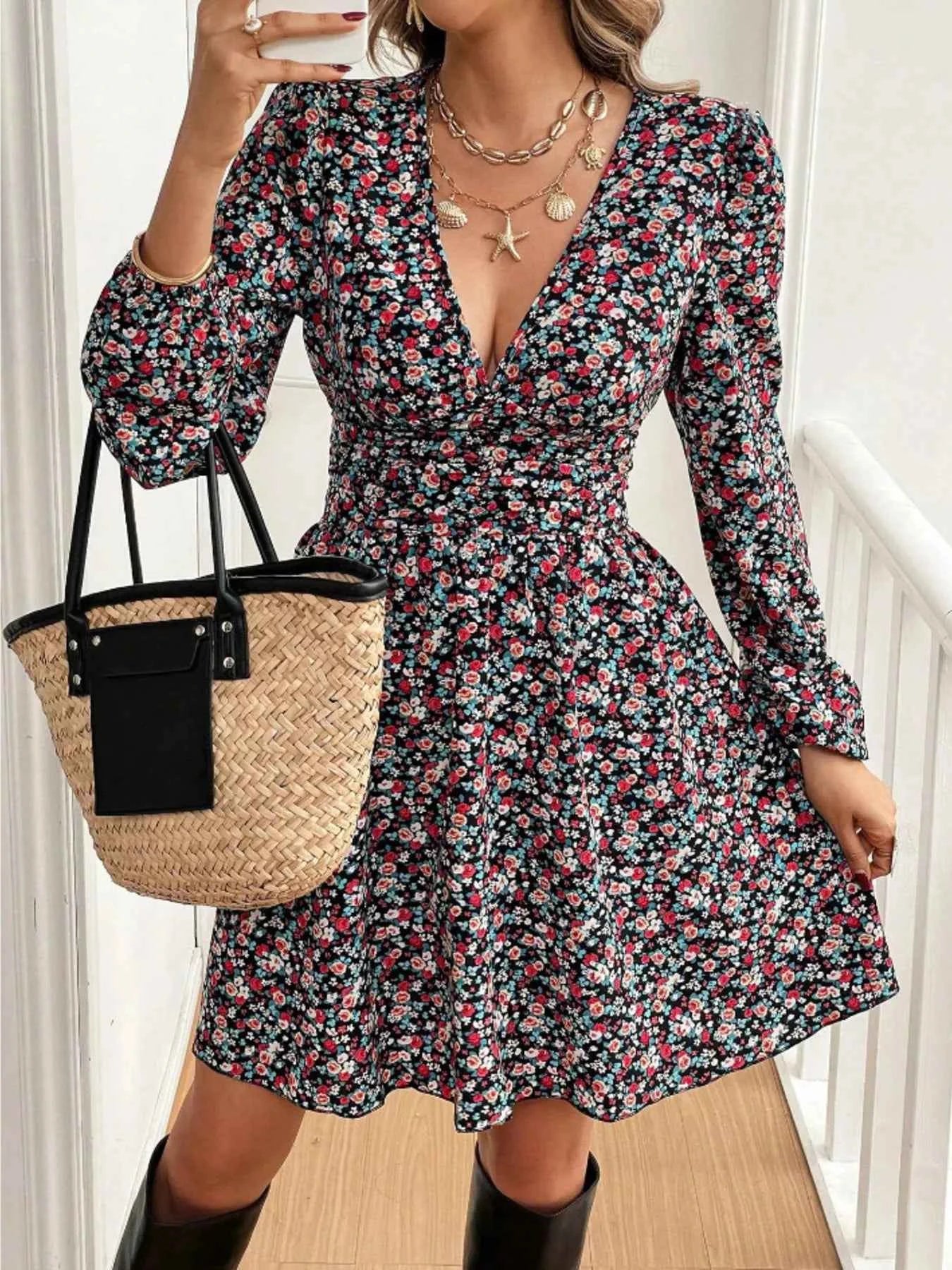 Printed Balloon Sleeve Mini Dress