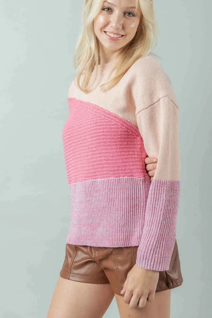 VERY J Color Block Long Sleeve Sweater