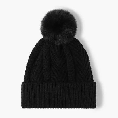Cable Knit Solid Color Hat with Pompom