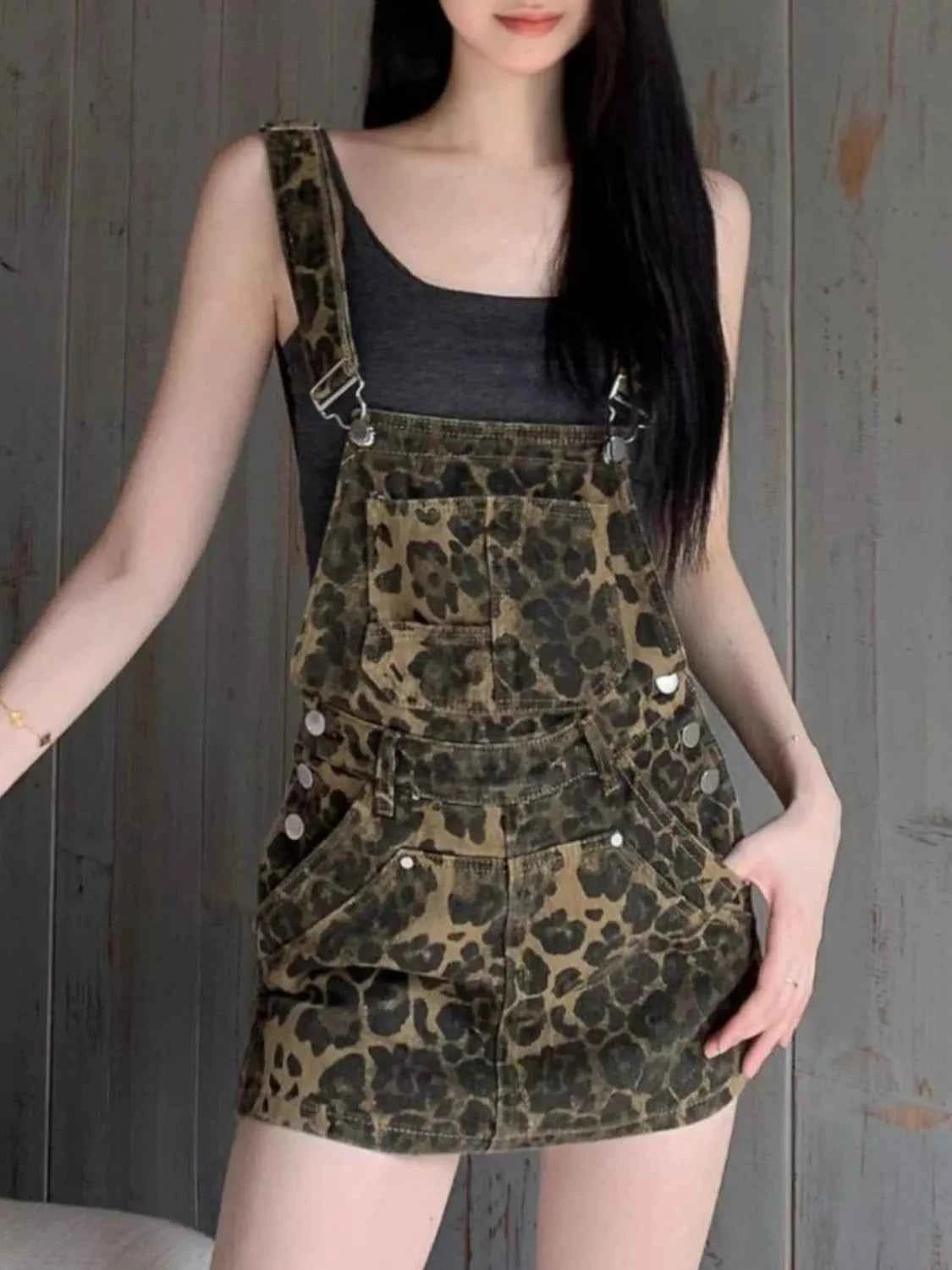 Leopard Print Denim Overall Dress