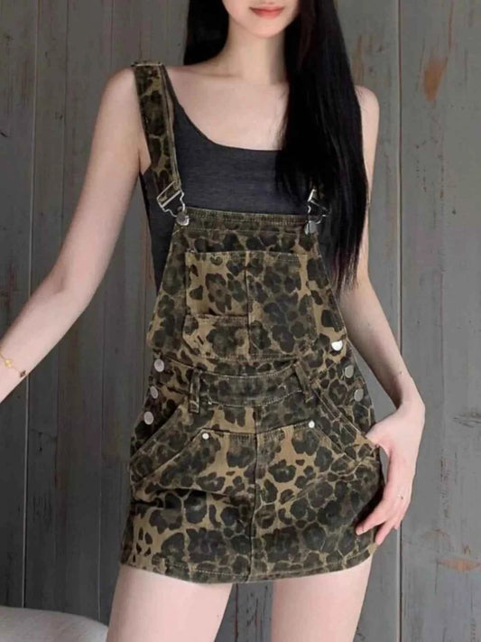 Leopard Print Denim Overall Dress