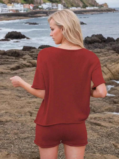 Round Neck Short Sleeve Top and Shorts Sweater Set