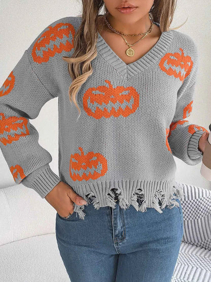 Halloween Pumpkin Pattern Raw Hem V-Neck Sweater