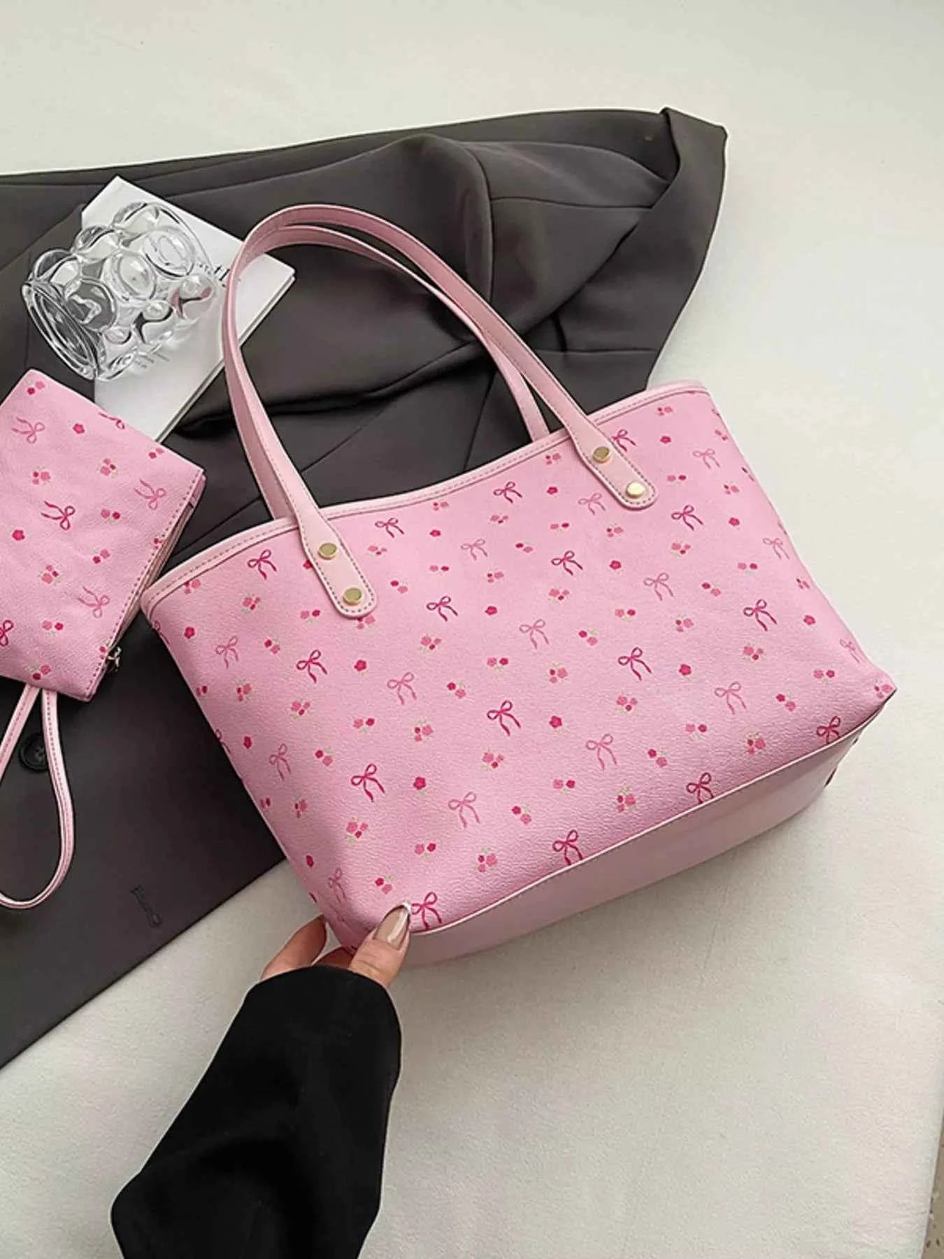 Printed Tote Shoulder Bag with Pouch