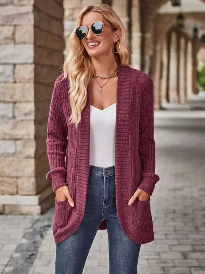 Open Front Ribbed Knit Cardigan