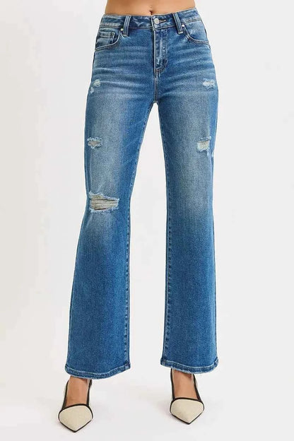 RISEN Full Size High Rise Ankle Straight Front Body Distressed Jeans Plus Size