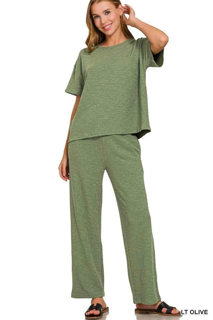 Zenana Slub Short Sleeve T-Shirt and Pants Set