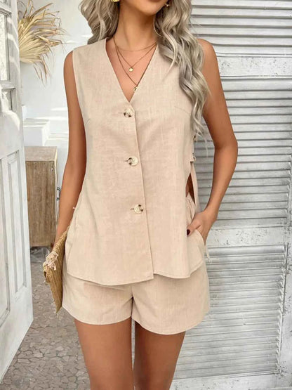Devine Button Down V-Neck Tank and Shorts Set