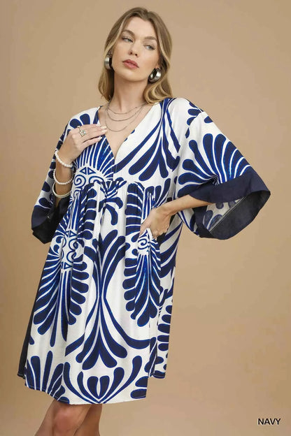 Umgee Abstract Print Kimono Sleeve Mini Dress