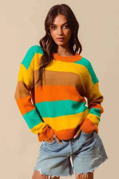 SO ME Multi Color Stripe Sweater with Ribbed Detail