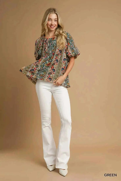 Umgee Boho Floral Stripe Puff Sleeve Blouse
