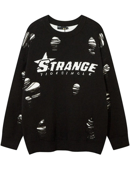 Men's Distressed Letter Round Neck Sweater