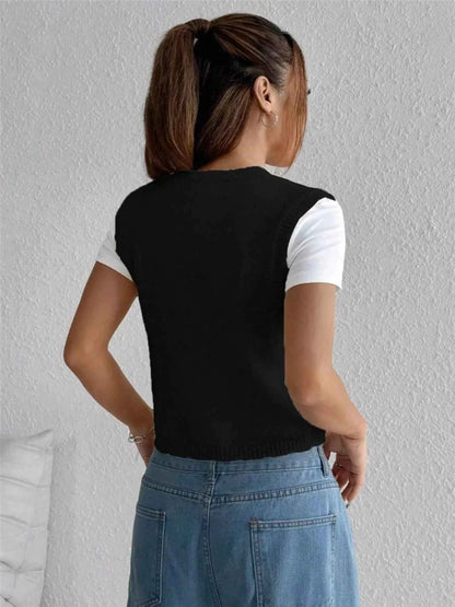 Embroidered Button Up Sweater Vest