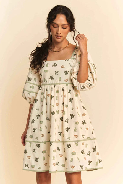 Davi & Dani Cactus Printed Poplin Contrast Piping Mini Dress