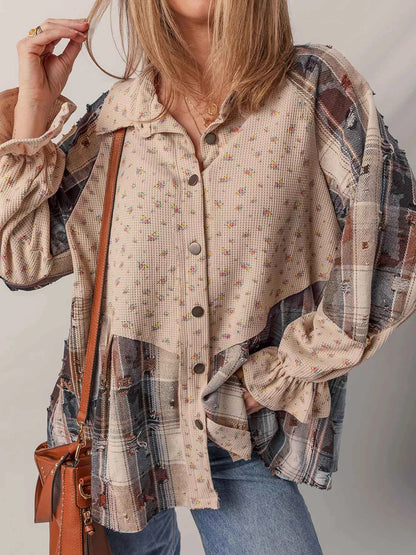 Boho Floral Plaid Patchwork Distressed Detail Ruffled Sleeve Waffle Knit Shacket