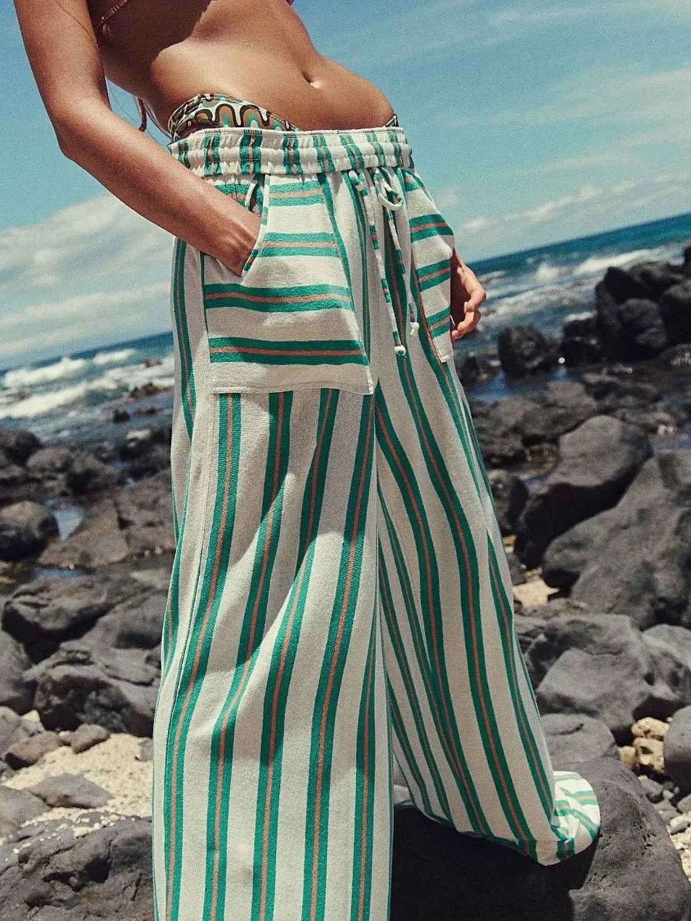 Striped Wide-Leg Drawstring Pants