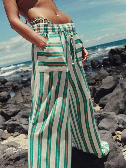 Striped Wide-Leg Drawstring Pants